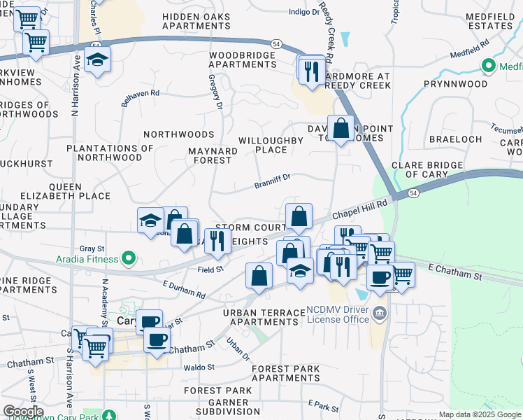 map of restaurants, bars, coffee shops, grocery stores, and more near 509 Sorrell Street in Cary