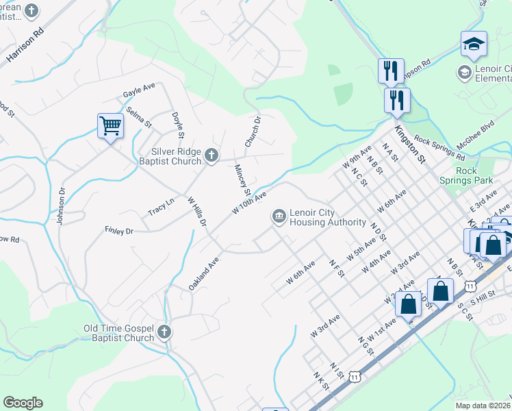 map of restaurants, bars, coffee shops, grocery stores, and more near 412 West 10th Avenue in Lenoir City
