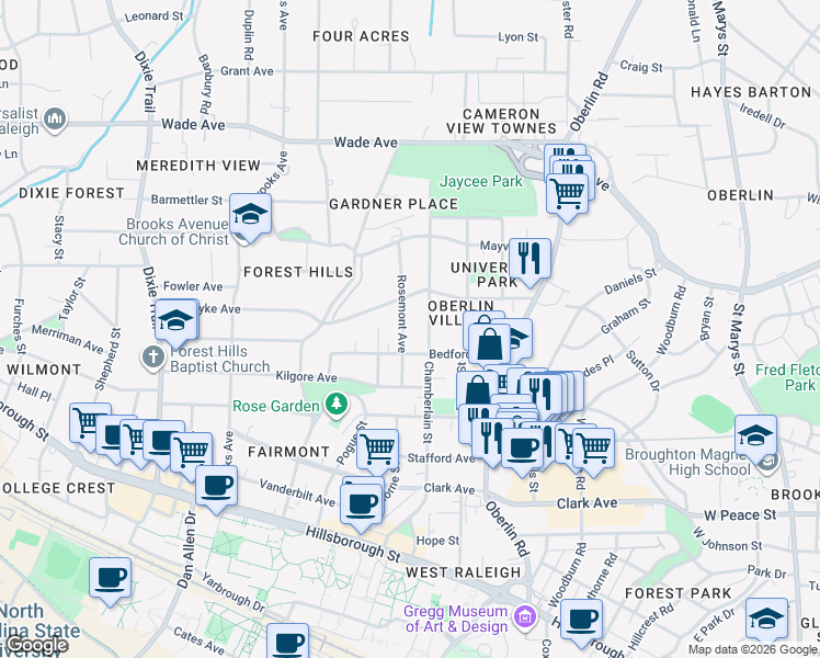 map of restaurants, bars, coffee shops, grocery stores, and more near 714 Rosemont Avenue in Raleigh