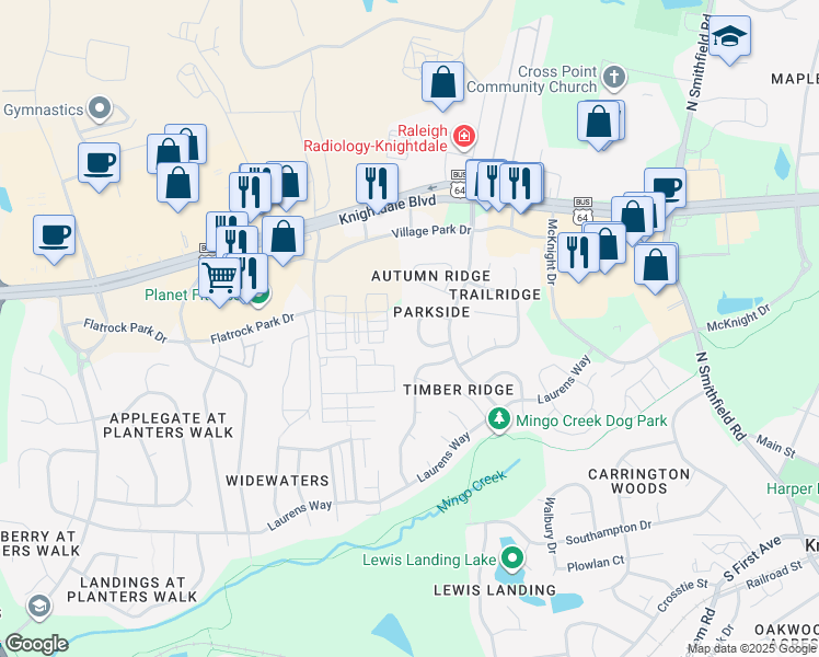 map of restaurants, bars, coffee shops, grocery stores, and more near 801 Pine Forest Trail in Knightdale