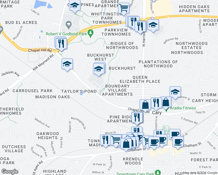 map of restaurants, bars, coffee shops, grocery stores, and more near 476 Culpepper Hill Court in Cary