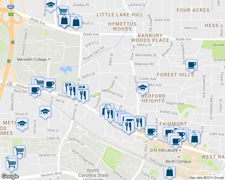 map of restaurants, bars, coffee shops, grocery stores, and more near 200 Taylor Street in Raleigh