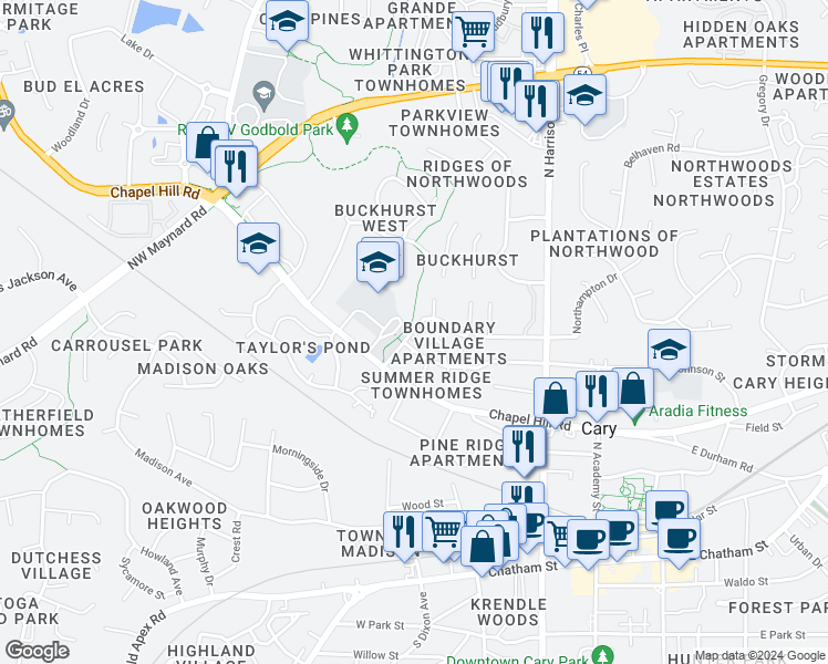 map of restaurants, bars, coffee shops, grocery stores, and more near 501 Culpepper Hill Court in Cary
