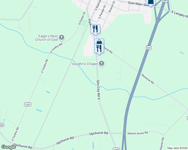 map of restaurants, bars, coffee shops, grocery stores, and more near 4957 Elm City Road South in Elm City