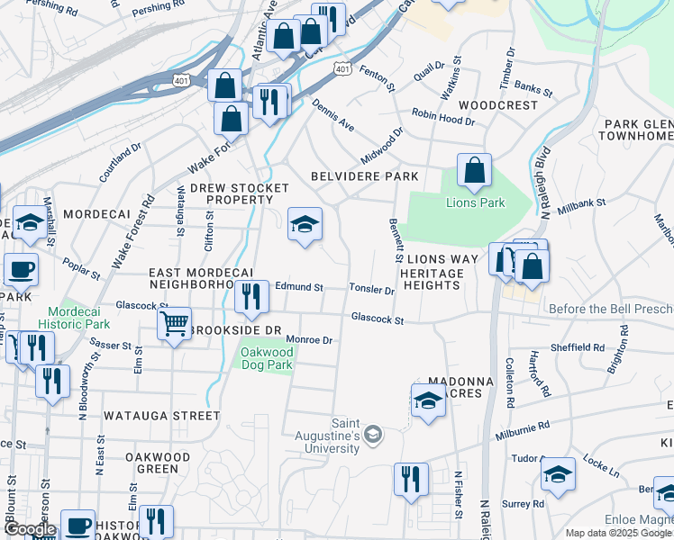 map of restaurants, bars, coffee shops, grocery stores, and more near 736 Birch Arbor Circle in Raleigh