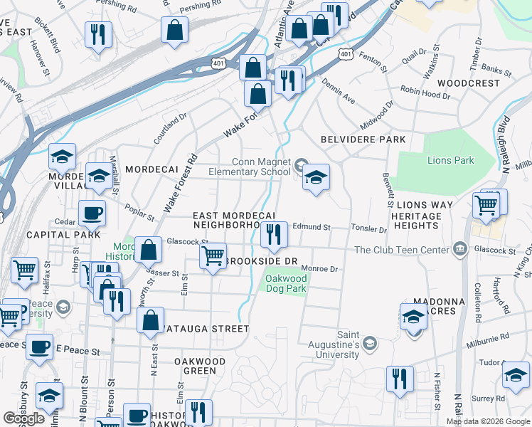 map of restaurants, bars, coffee shops, grocery stores, and more near 1120 Norris Street in Raleigh