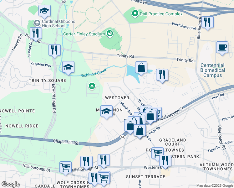 map of restaurants, bars, coffee shops, grocery stores, and more near 310 Marsh Avenue in Raleigh