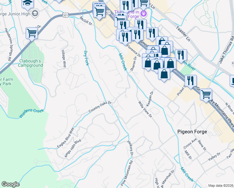 map of restaurants, bars, coffee shops, grocery stores, and more near 414 Loraine Street in Pigeon Forge
