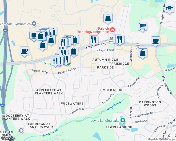 map of restaurants, bars, coffee shops, grocery stores, and more near 805 Pine Forest Trail in Knightdale