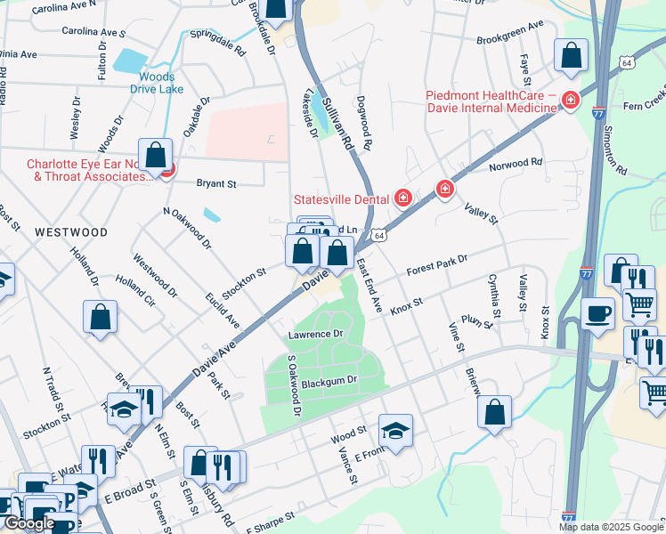 map of restaurants, bars, coffee shops, grocery stores, and more near 947 Davie Avenue in Statesville
