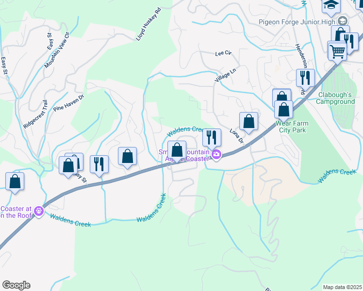 map of restaurants, bars, coffee shops, grocery stores, and more near 916 Bud Lane in Sevierville