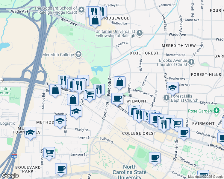 map of restaurants, bars, coffee shops, grocery stores, and more near 110 Faircloth Street in Raleigh