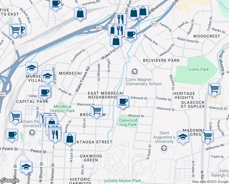 map of restaurants, bars, coffee shops, grocery stores, and more near 1120 Norris Street in Raleigh