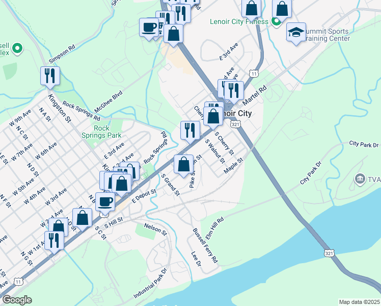 map of restaurants, bars, coffee shops, grocery stores, and more near 107 Pike Street in Lenoir City