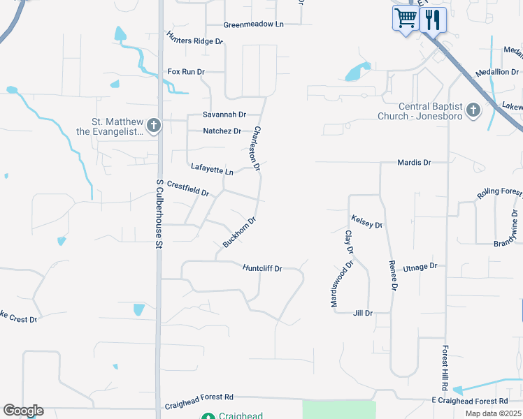 map of restaurants, bars, coffee shops, grocery stores, and more near 3904 Charleston Drive in Jonesboro
