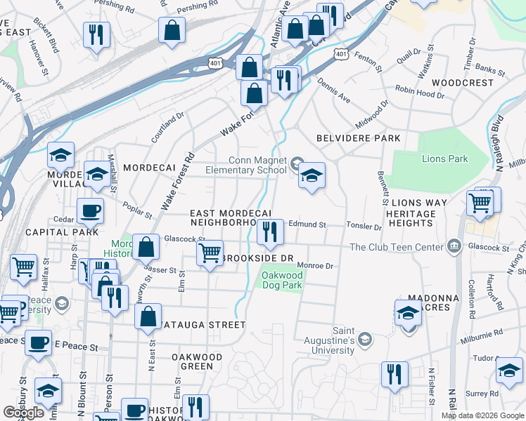 map of restaurants, bars, coffee shops, grocery stores, and more near 1120 Norris Street in Raleigh