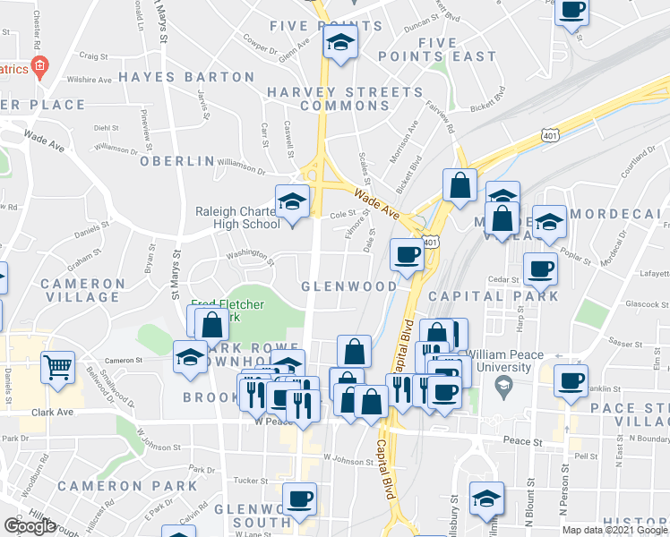 map of restaurants, bars, coffee shops, grocery stores, and more near in Raleigh