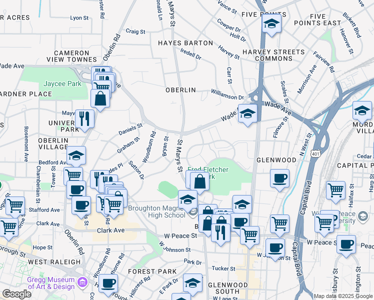 map of restaurants, bars, coffee shops, grocery stores, and more near 921 Washington Street in Raleigh