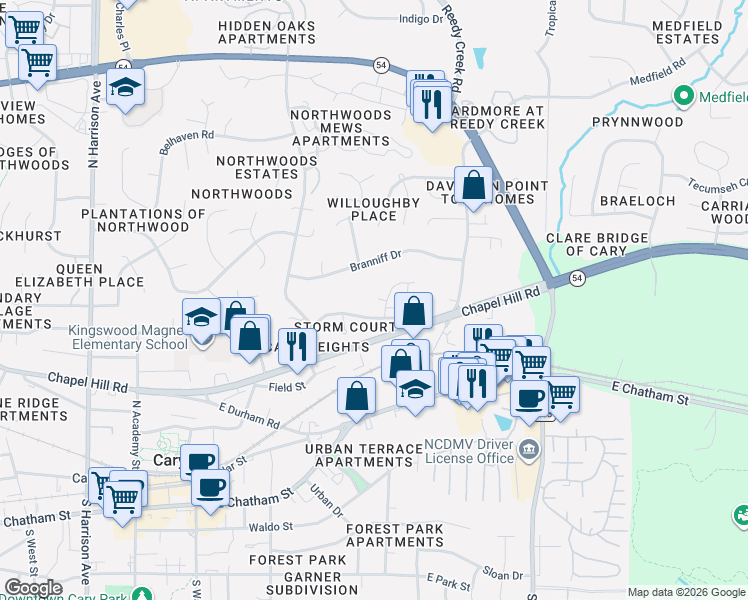 map of restaurants, bars, coffee shops, grocery stores, and more near 517 Sorrell Street in Cary