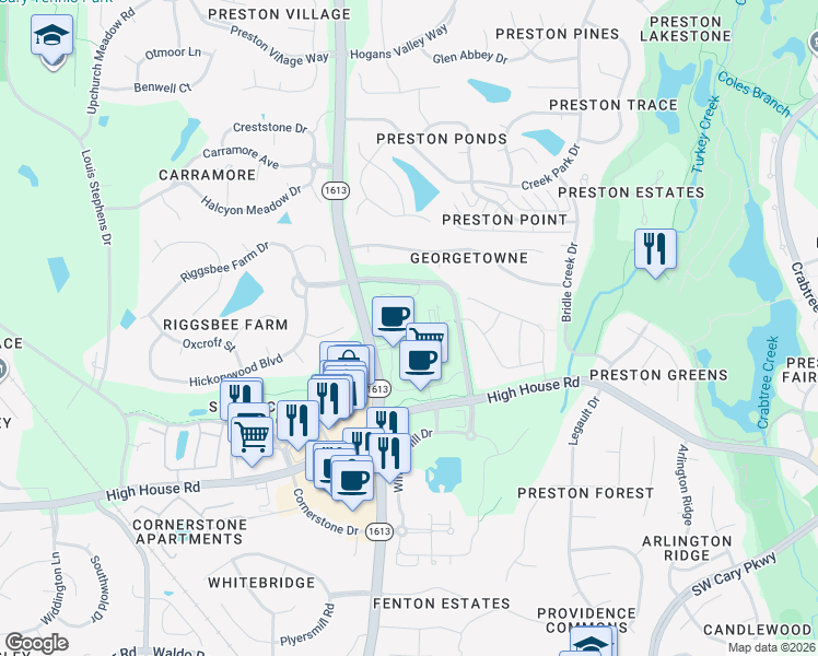 map of restaurants, bars, coffee shops, grocery stores, and more near 24042 Bradford Green Square in Cary