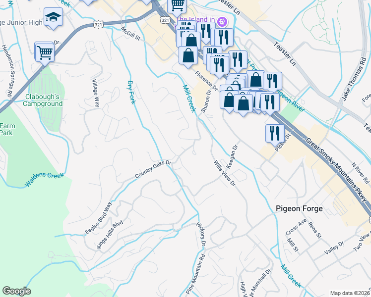 map of restaurants, bars, coffee shops, grocery stores, and more near 414 Loraine Street in Pigeon Forge