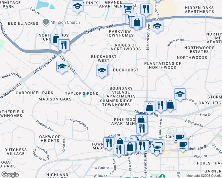 map of restaurants, bars, coffee shops, grocery stores, and more near 501 Culpepper Hill Court in Cary