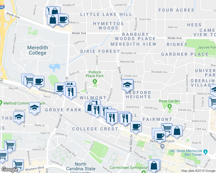 map of restaurants, bars, coffee shops, grocery stores, and more near 3201 Bedford Avenue in Raleigh