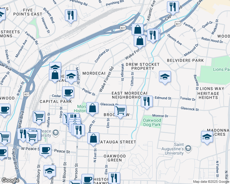 map of restaurants, bars, coffee shops, grocery stores, and more near 219 Lafayette Road in Raleigh