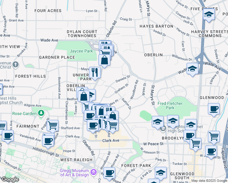 map of restaurants, bars, coffee shops, grocery stores, and more near 727 Graham Street in Raleigh