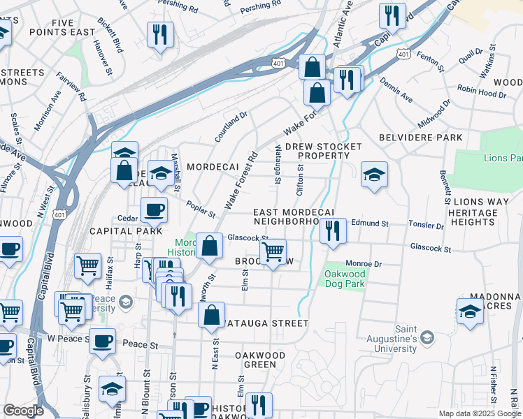 map of restaurants, bars, coffee shops, grocery stores, and more near 219 Lafayette Road in Raleigh