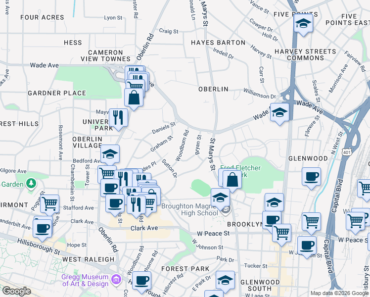 map of restaurants, bars, coffee shops, grocery stores, and more near 814 Woodburn Road in Raleigh