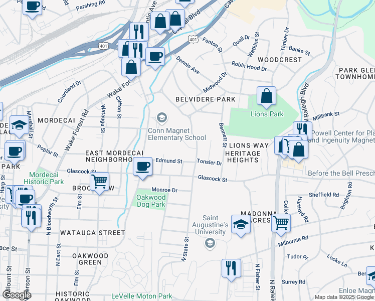 map of restaurants, bars, coffee shops, grocery stores, and more near 732 Birch Arbor Circle in Raleigh