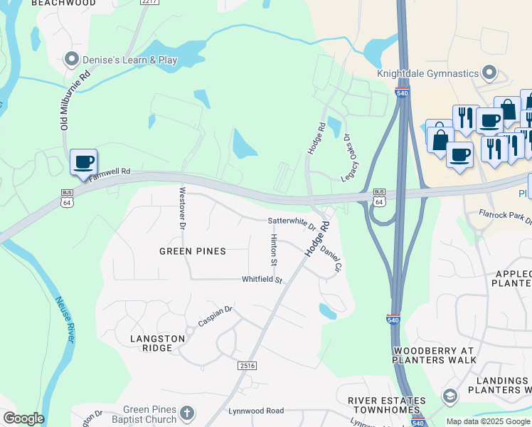 map of restaurants, bars, coffee shops, grocery stores, and more near 200 Satterwhite Dr in Knightdale