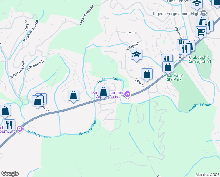 map of restaurants, bars, coffee shops, grocery stores, and more near 916 Bud Lane in Sevierville