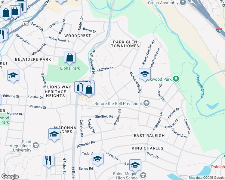 map of restaurants, bars, coffee shops, grocery stores, and more near 1105 Brighton Road in Raleigh