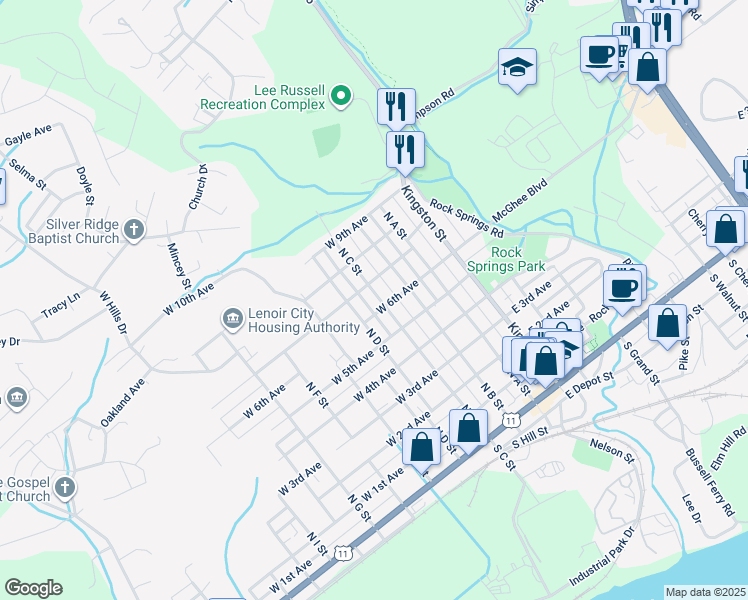 map of restaurants, bars, coffee shops, grocery stores, and more near 704 North C Street in Lenoir City
