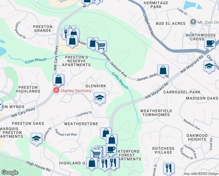 map of restaurants, bars, coffee shops, grocery stores, and more near 2303 Haniman Park Drive in Cary