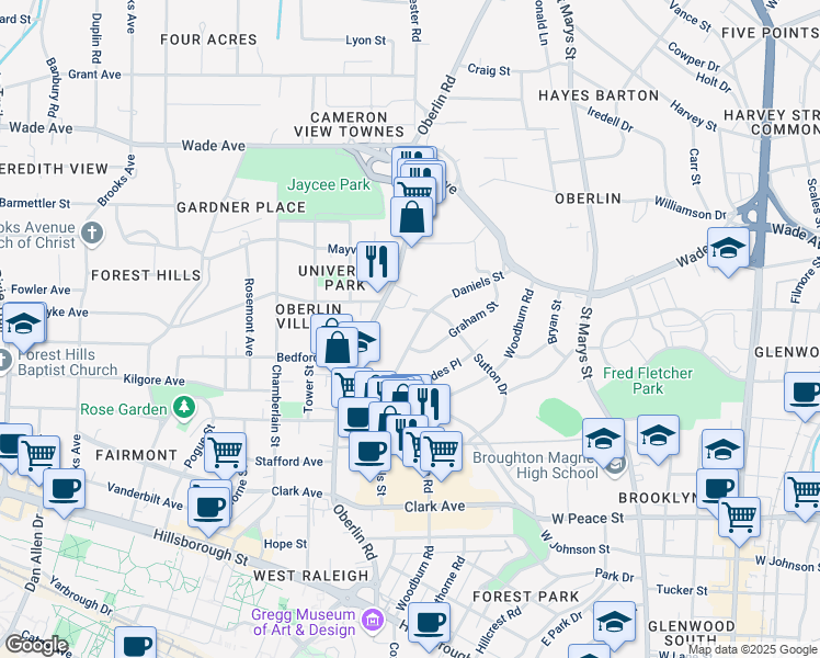 map of restaurants, bars, coffee shops, grocery stores, and more near 707 Daniels Street in Raleigh
