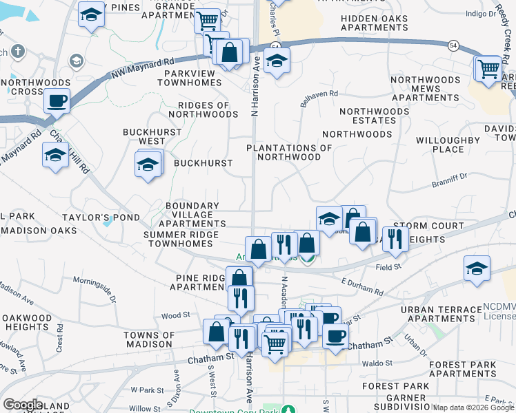 map of restaurants, bars, coffee shops, grocery stores, and more near 702 North Harrison Avenue in Cary