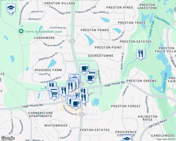 map of restaurants, bars, coffee shops, grocery stores, and more near 21035 Bradford Green Square in Cary