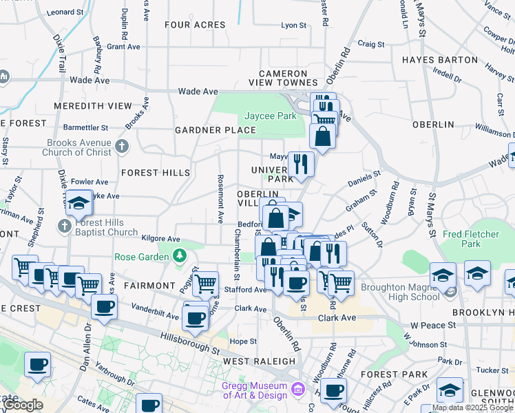 map of restaurants, bars, coffee shops, grocery stores, and more near in Raleigh