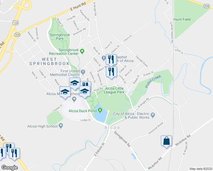 map of restaurants, bars, coffee shops, grocery stores, and more near 773 Vose Road in Alcoa