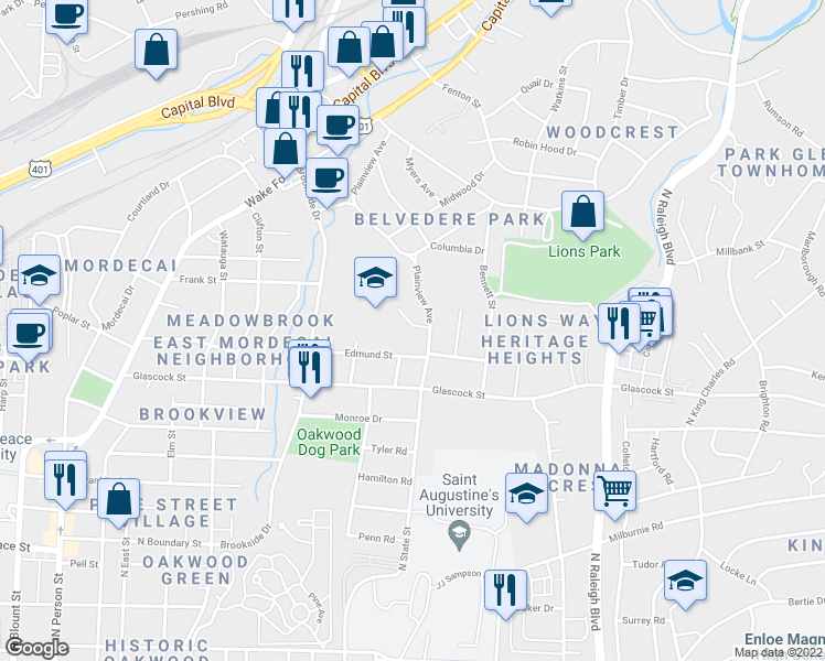 map of restaurants, bars, coffee shops, grocery stores, and more near 736 Birch Arbor Circle in Raleigh