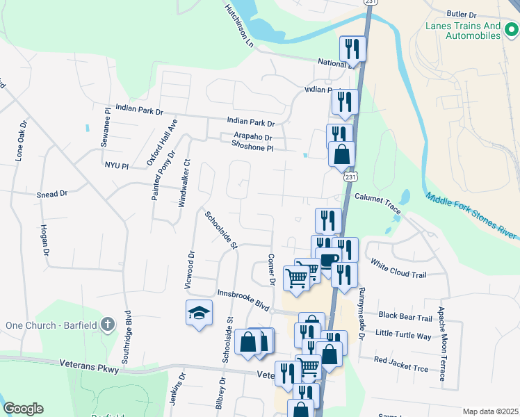 map of restaurants, bars, coffee shops, grocery stores, and more near 2711 Comer Drive in Murfreesboro