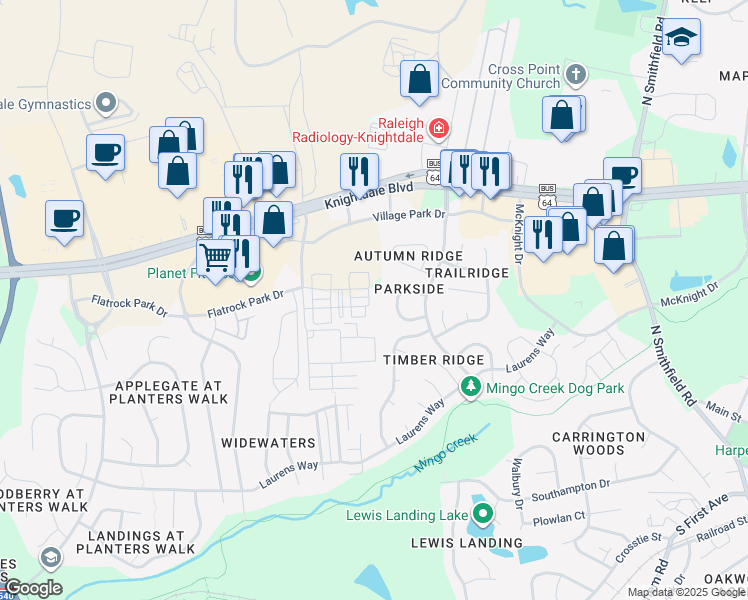 map of restaurants, bars, coffee shops, grocery stores, and more near 208 George Pine Way in Knightdale