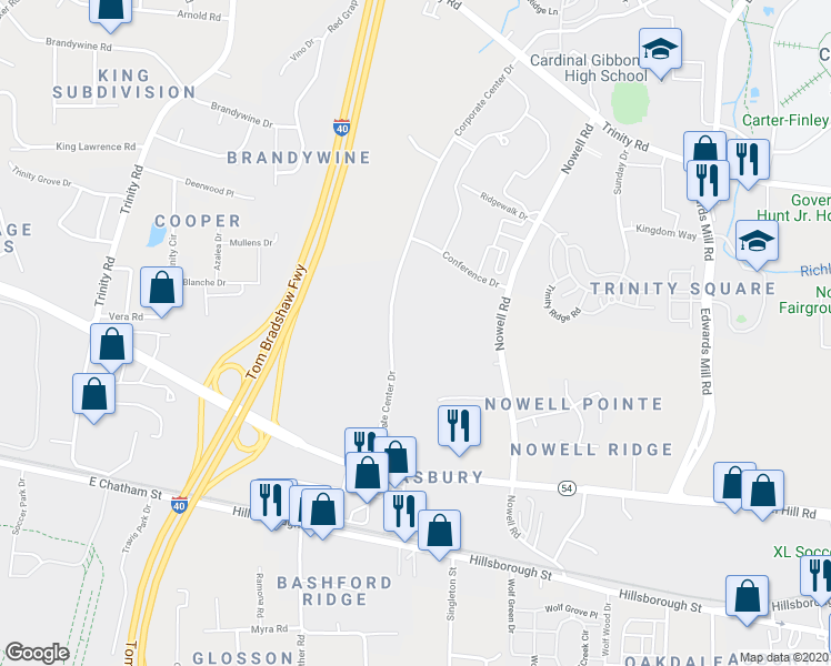 map of restaurants, bars, coffee shops, grocery stores, and more near 811 Handsworth Lane in Raleigh