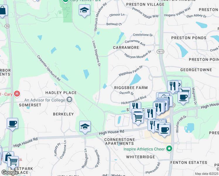 map of restaurants, bars, coffee shops, grocery stores, and more near 501 Riggsbee Farm Drive in Cary