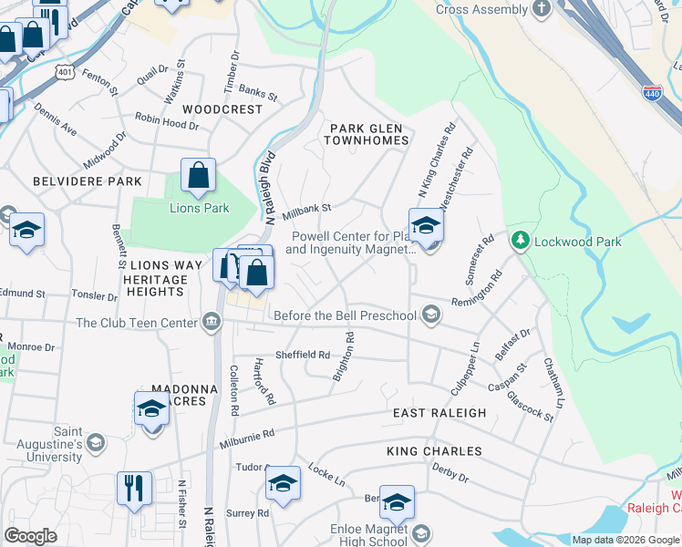 map of restaurants, bars, coffee shops, grocery stores, and more near 1100 Brighton Road in Raleigh