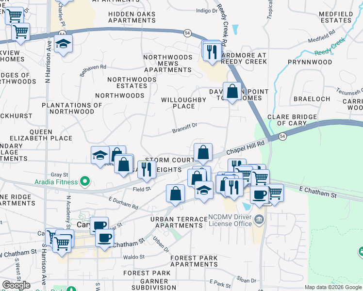map of restaurants, bars, coffee shops, grocery stores, and more near 517 Sorrell St in Cary