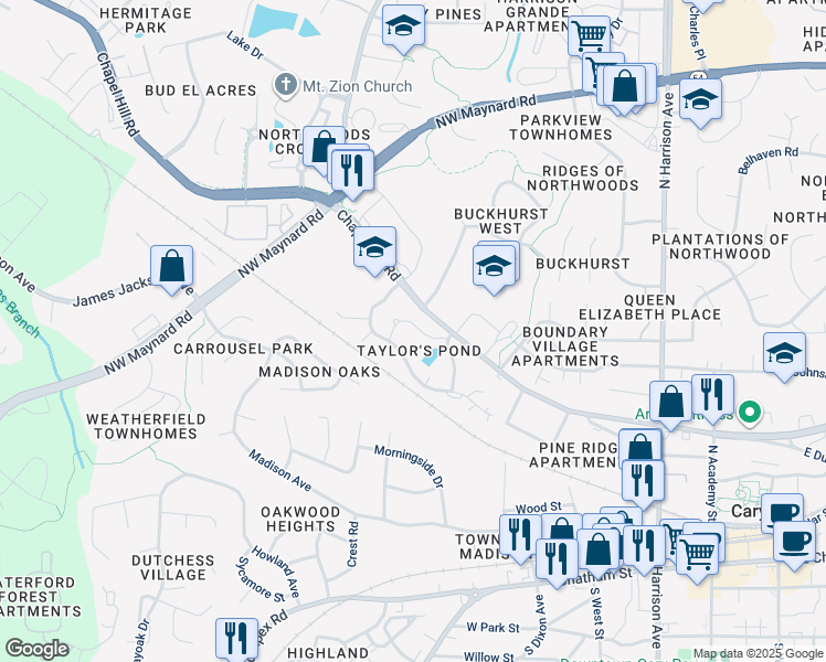 map of restaurants, bars, coffee shops, grocery stores, and more near 127 Rosebrooks Drive in Cary